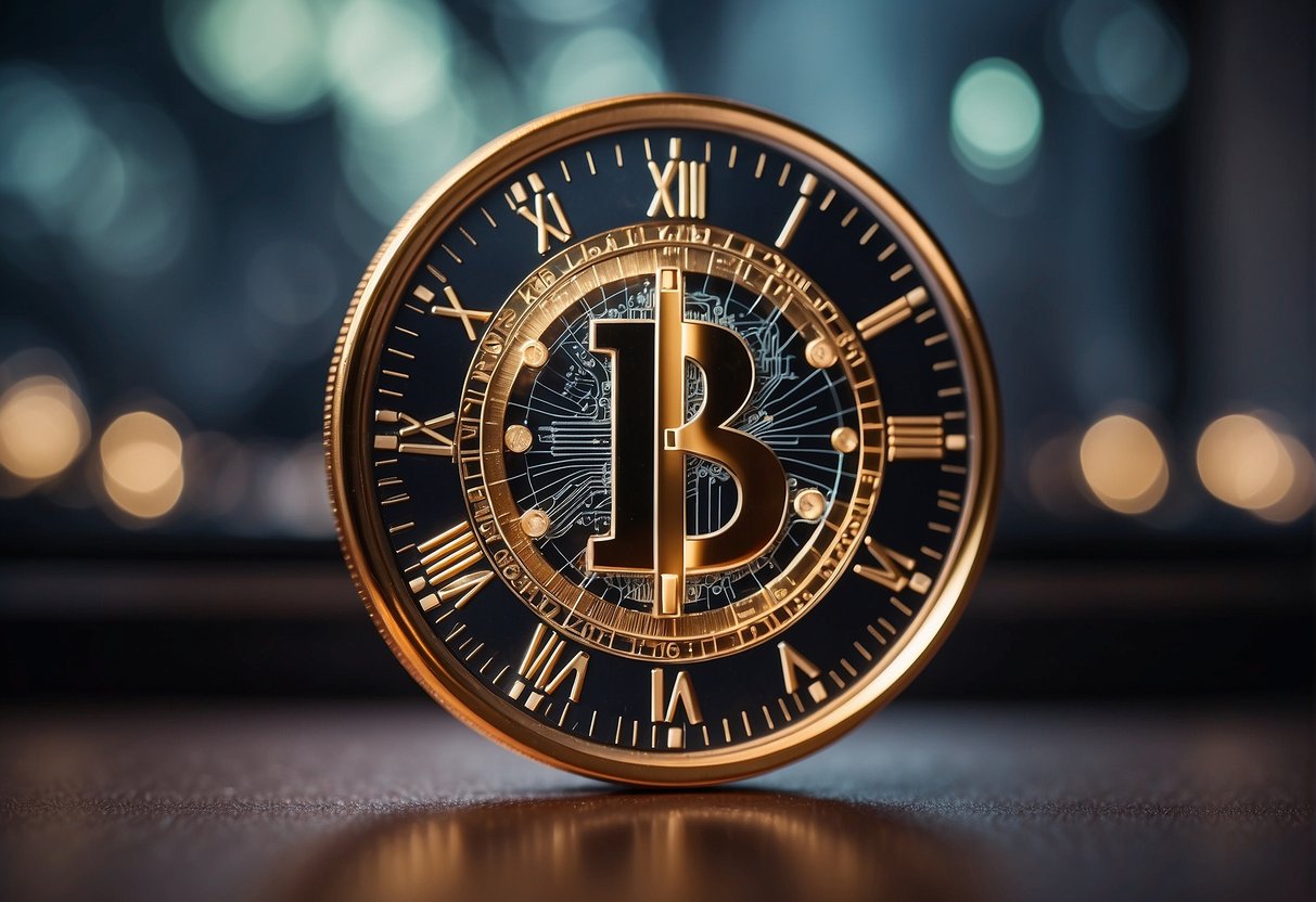 A graph shows decreasing Bitcoin rewards, with a clock counting down to the next halving event